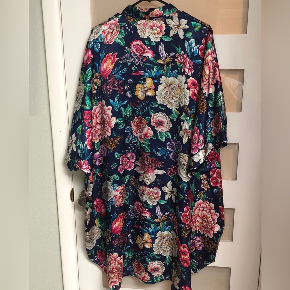 Floral Navy Satin Kimono Robe